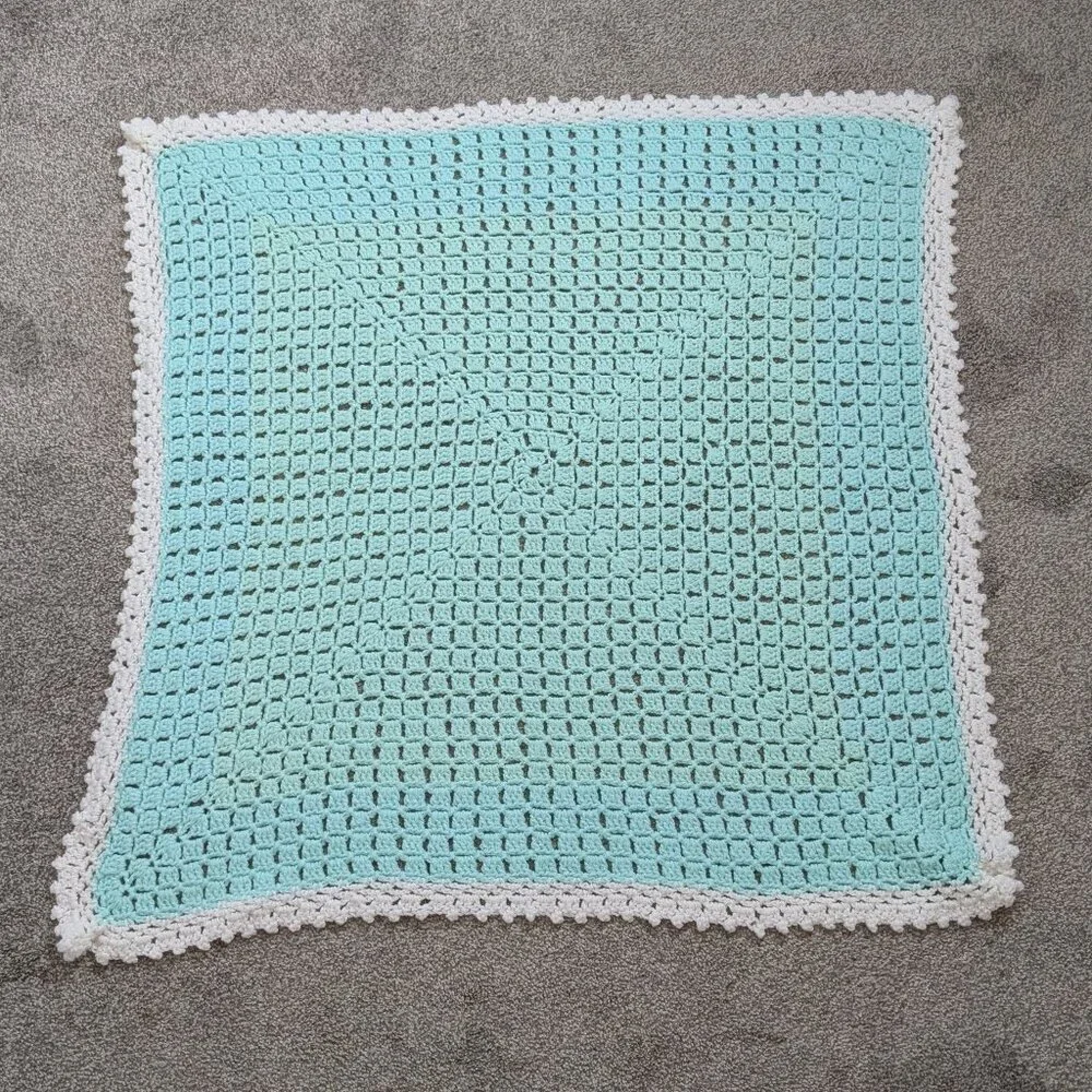 Crocheted Handmade Teal & White Baby Afghan; 36